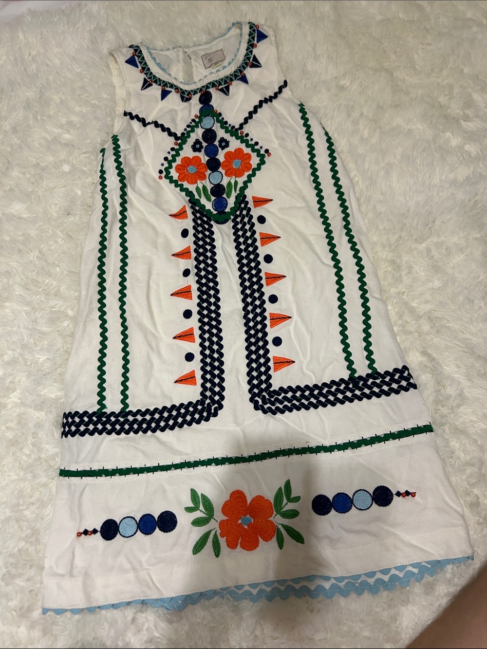 Anthropologie White Sleeveless Embroidered Mini Dress with Orange & Blue Accents